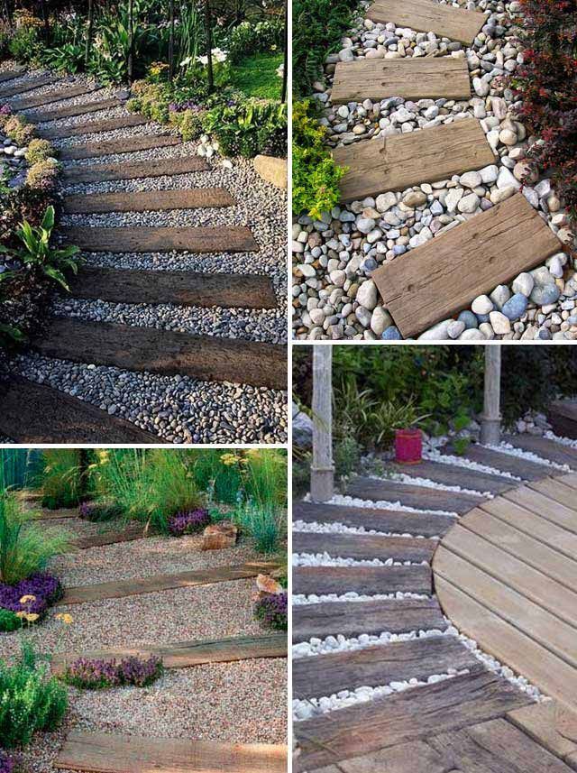 #3. Pave a river rocks or gravel garden path and top it with log sleepers that can be used for paving or as lawn or patio edging.