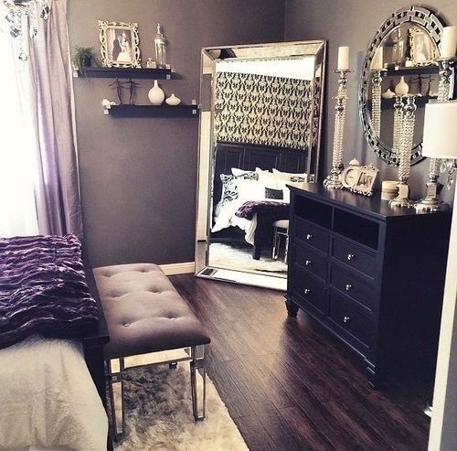 beautiful bedroom decor, black dresser, silver mirror, silver candles, black white silver decor, romantic bedroom, hollywood, glam