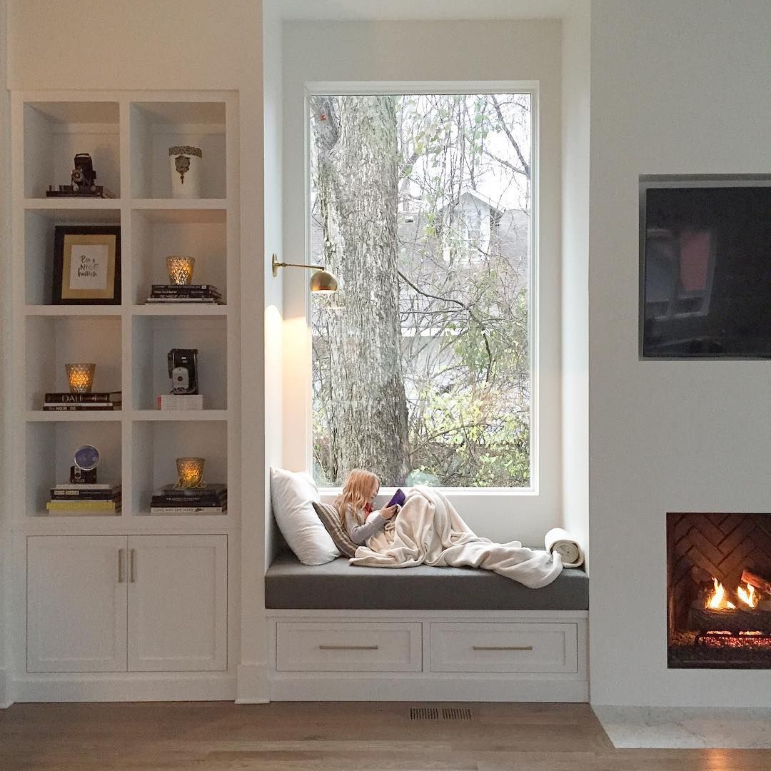 coziest window seat I ever did see – with the perfect built-in and lovely fireplace on either side