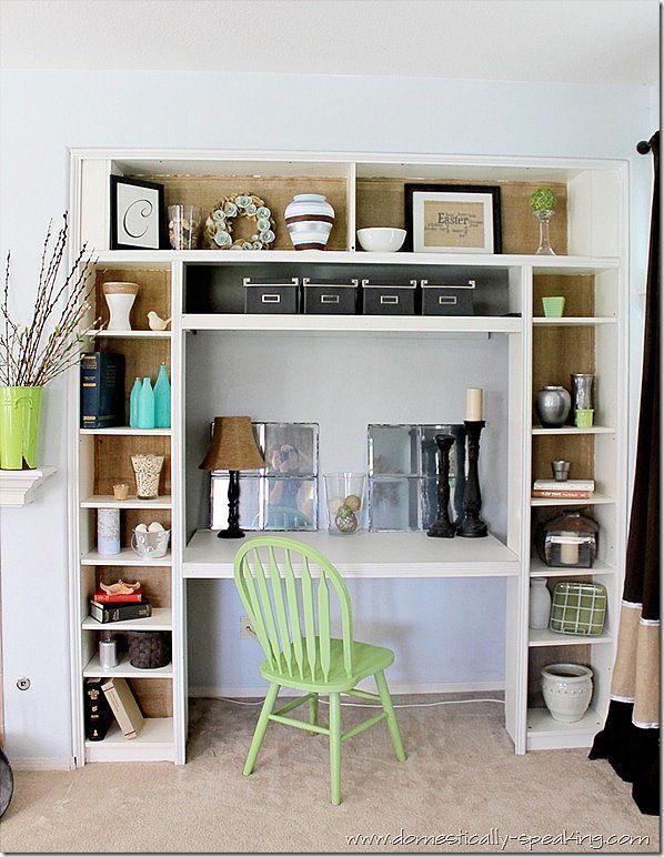 DIY bookshelf/desk made out of 3 Ikea bookshelves; love the inside back of the shelves too