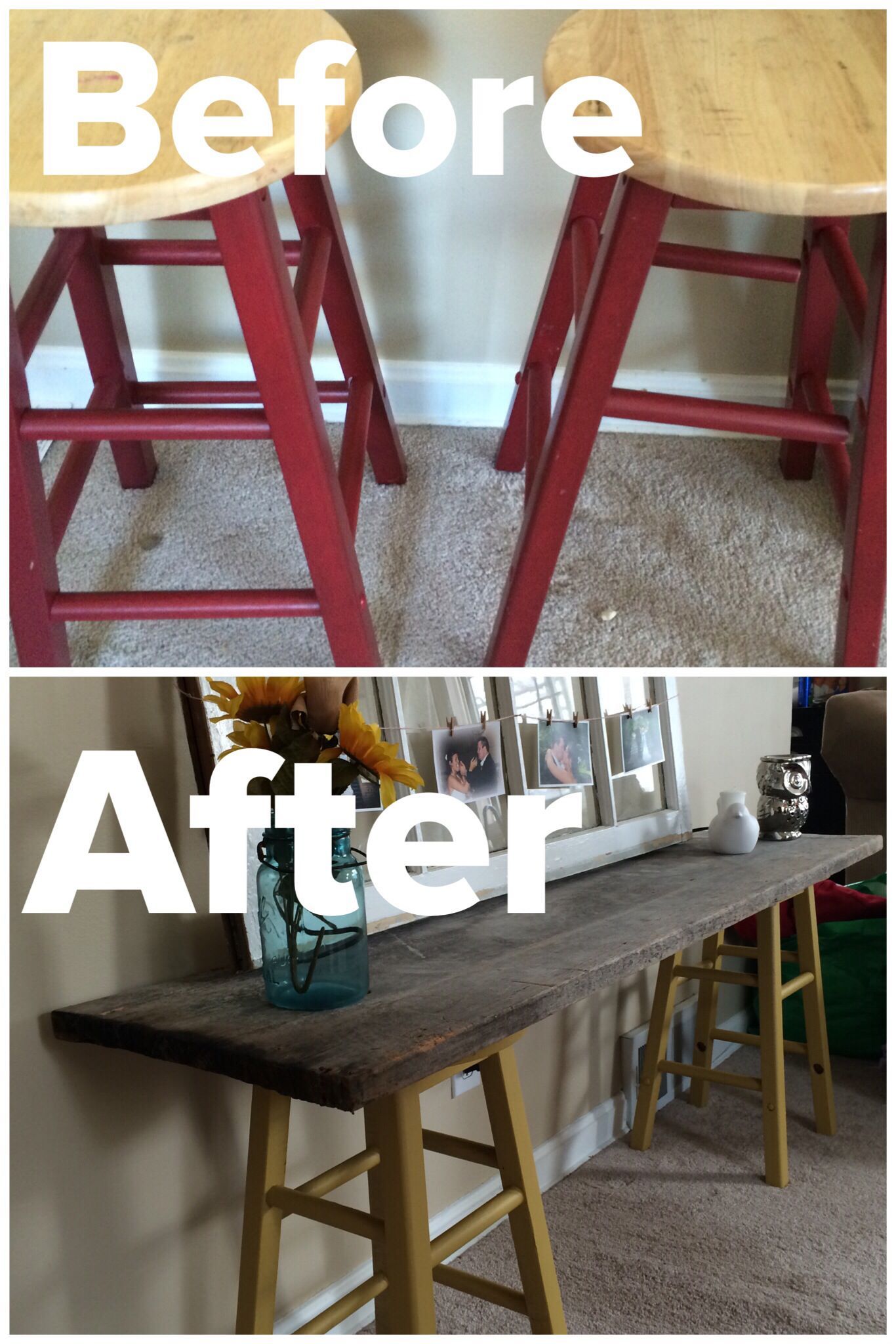 DIY Sofa Table. 2 stools painted with 2 coats of paint & a piece of old barn wood.