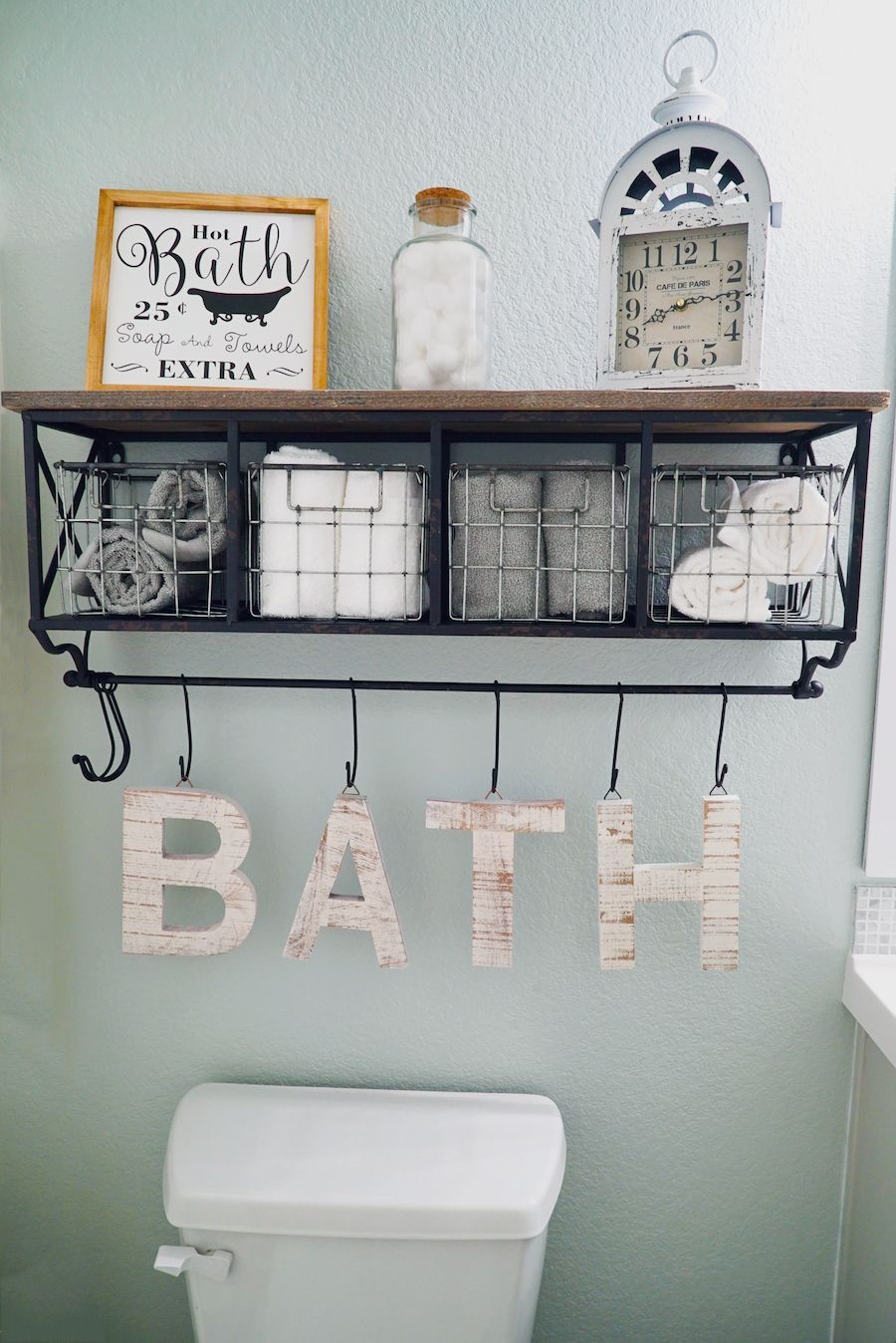 Guest Bathroom Makeover | Bathroom Decor | Sea Salt by Sherwin Williams | White Grey Vanity | Hanging Shelf | Neutral Decor |
