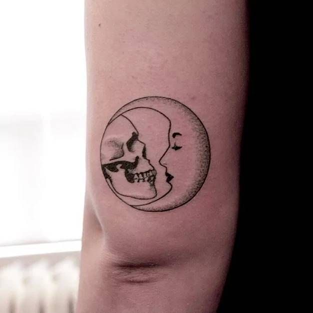 Hand poked skull and moon tattoo on the back of the left arm. Tattoo Artist: Brendon · Welfare Dentist