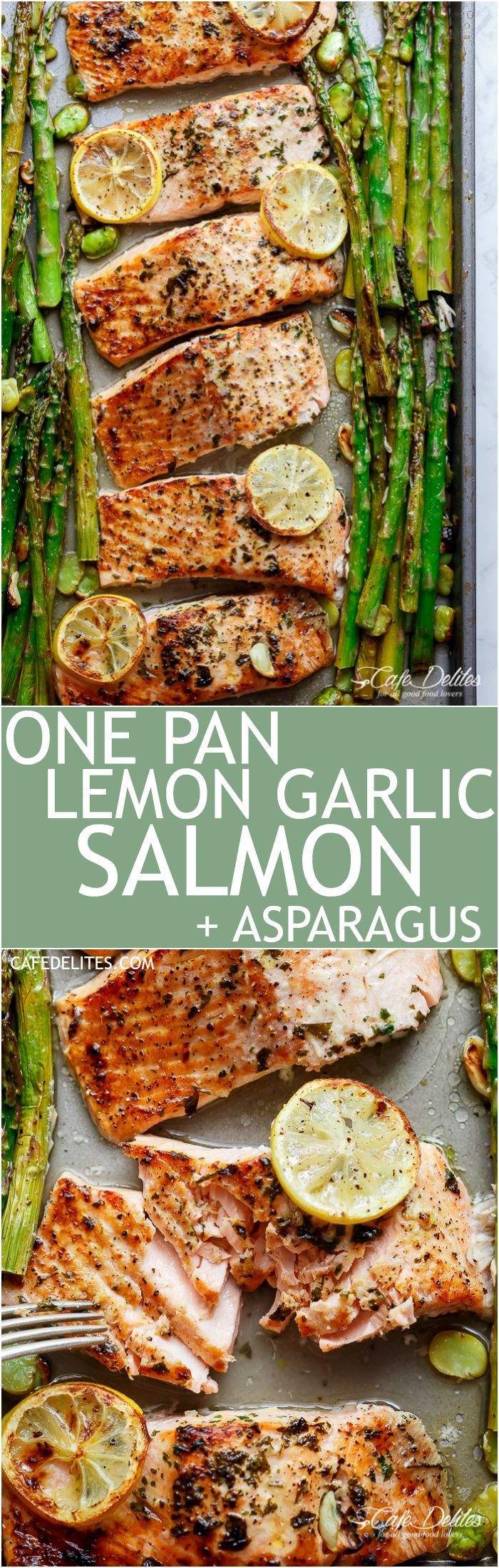 Lemon, garlic and parsley are infused in One Pan Lemon Garlic Baked Salmon + Asparagus ready in only 10 minutes without any
