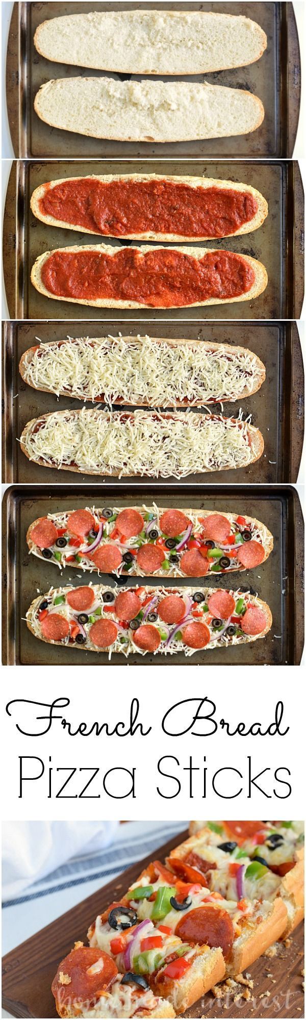 Make your french bread pizza with all of your favorite toppings then cut it into strips and serve it at your next party as an easy