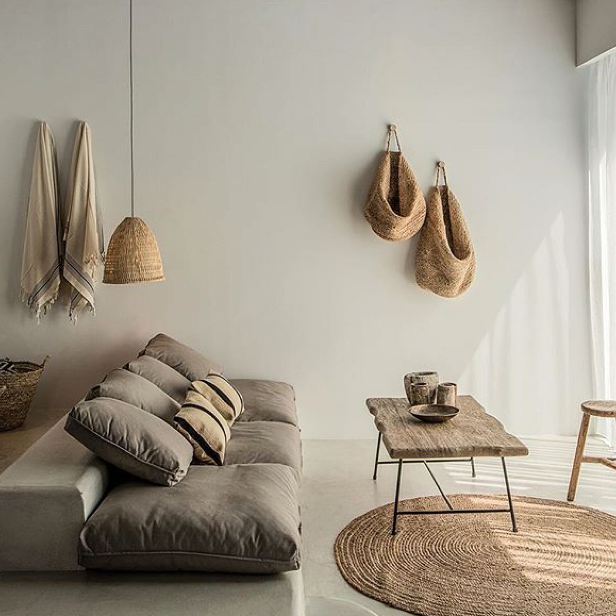 Minimal linen wood organic interior decor and design. Home decoration inspiration. Minimalist living.