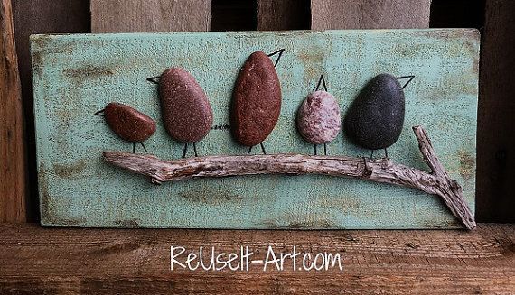 Rock Art Wood SignBirds in a Branch  Rustic Pallet by ReUseItArt