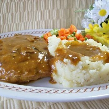 Smothered Hamburger Steak: ground beef, 1 (8 ounce) can cream of mushroom soup, 1 cup water, 1 cup milk (1/2 to 1 cup), 1 (1