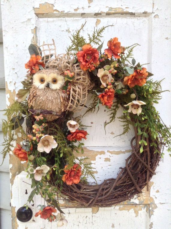 Summer Wreath for Door with Burlap Bow Owl by FlowerPowerOhio