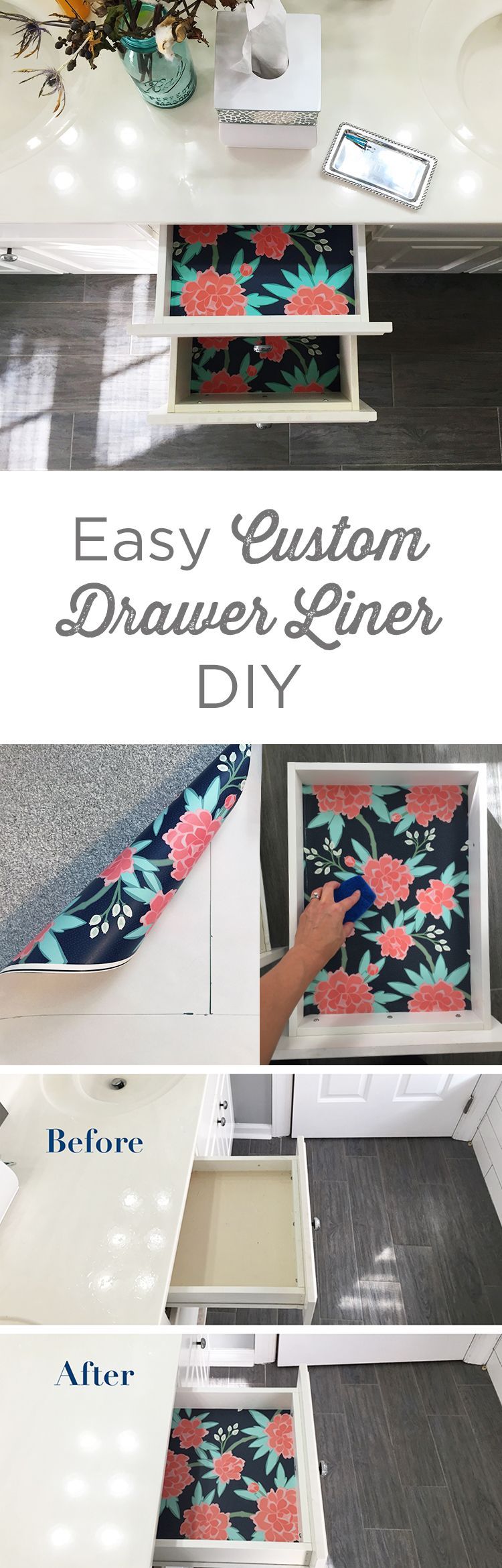 This easy DIY tutorial shows the quick steps from boring drawer to beautiful bold interior! These custom drawer liners can