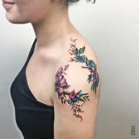 Watercolor flower shoulder tattoo for women – 55 Awesome Shoulder Tattoos