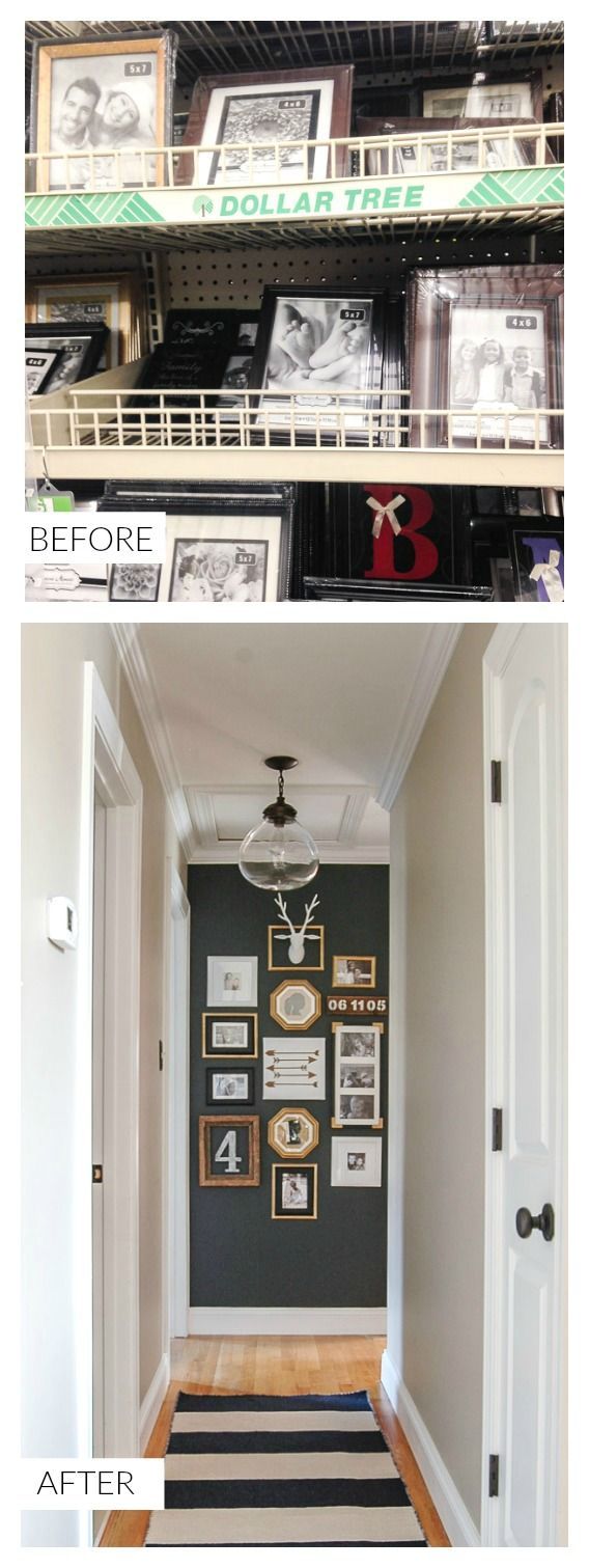 A hallway gets a major update with paint, thrifted finds and inexpensive Dollar Store frames.- Littlehouseoffour.com