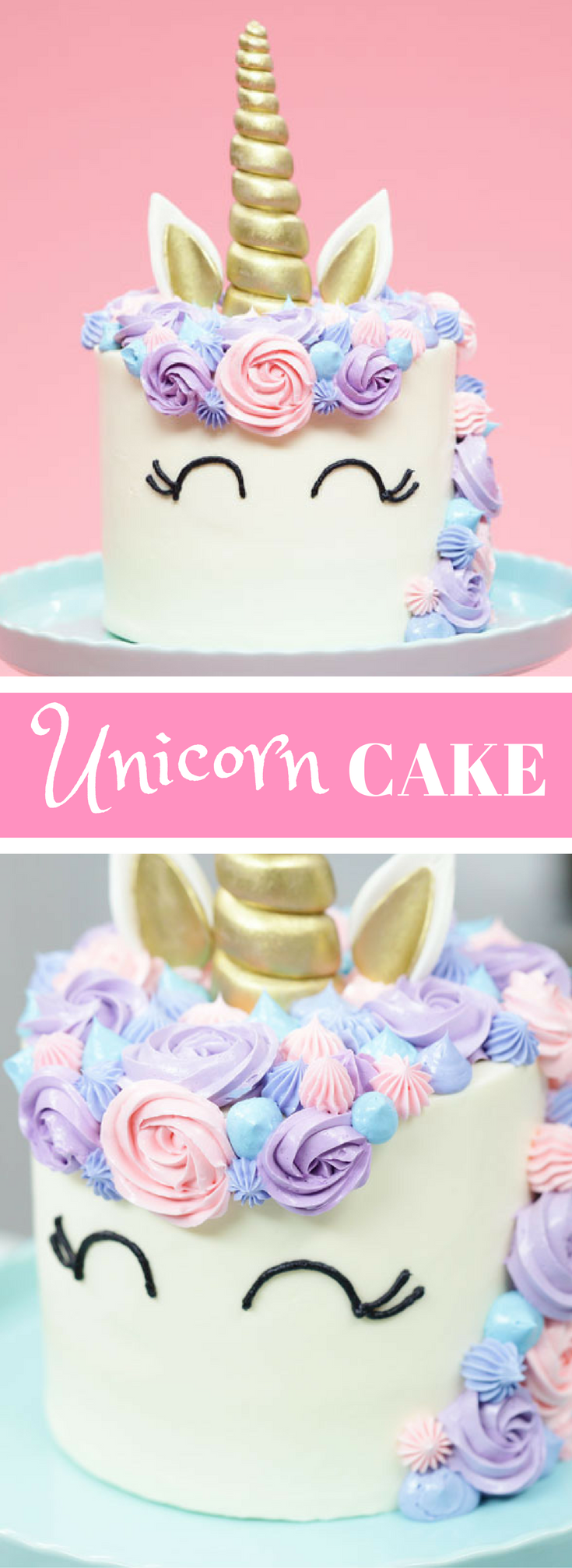 An easy funfetti Unicorn Cake recipe adorned in pastel buttercream and topped with a golden horn! Makes one 6 inch cake