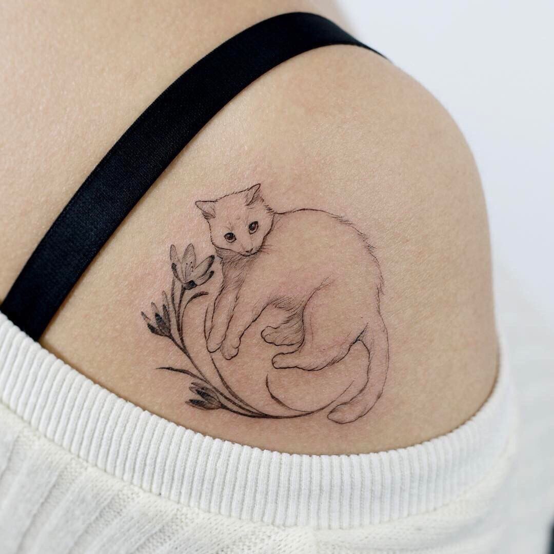 Beautiful Delicate lines,, cat tattoo..