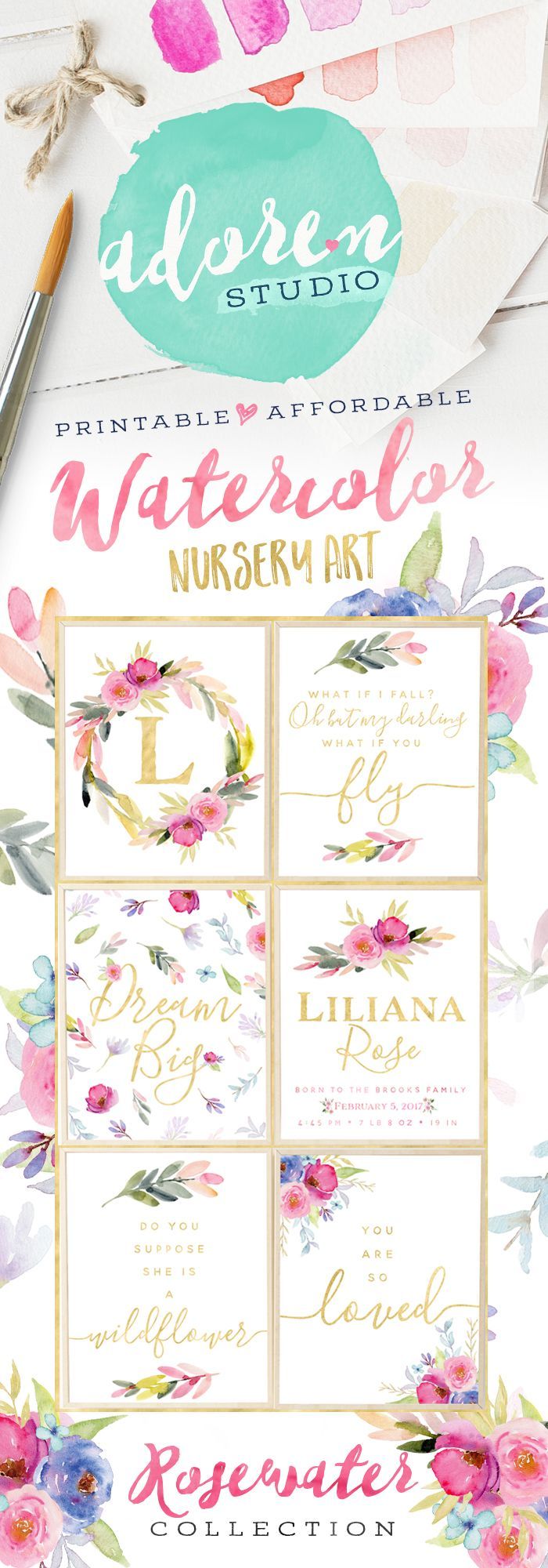 Beautiful watercolor nursery printables and prints from Adoren Studio!  Watercolor and Florals are major trends in nursery decor –