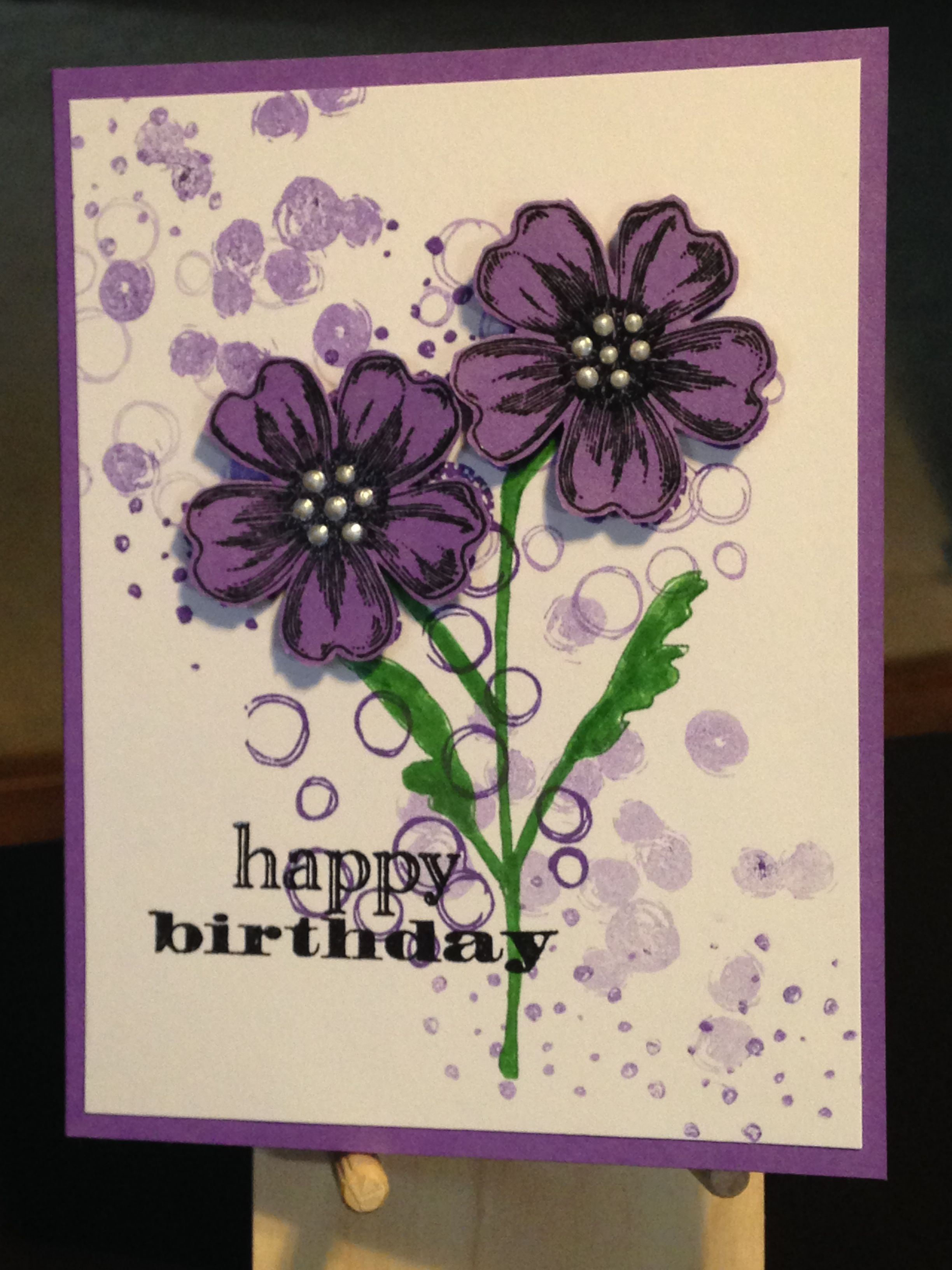 Birthday Card – Stampin’ Up Stamps:  Flower Shop, Avant-Garden, Playful Backgrounds – Stamps:  Hero Arts Many Birthday Messages,