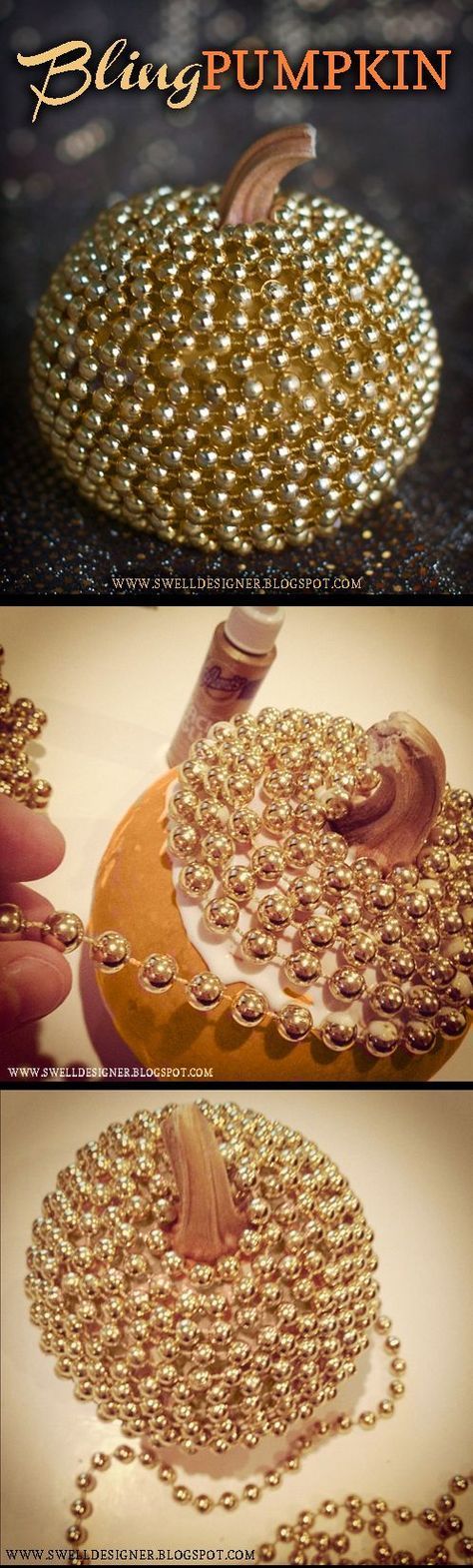 Bling Pumpkin DIY: tacky glue, gold paint, and mardi gras beads (or small Christmas bead garland) ~ Halloween decor tutorial |