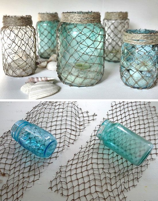 Decorate some useful jars with netting.  If you’re going for an ocean or nautical theme in your bathroom, these jars make the best