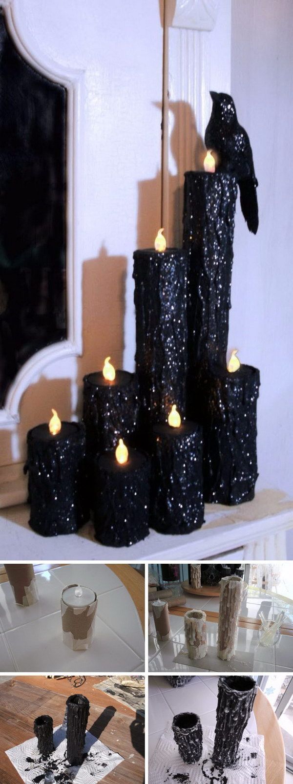 DIY Halloween Creepy Candles. Paper towel rolls, hot glue, battery tea lights, paint, glitter… I can see this tailored for