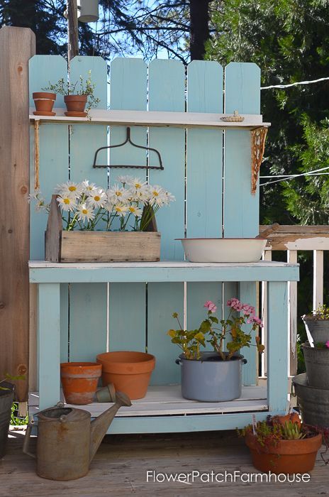 DIY Potting Bench Refresh with Waverly Chalky Finish paint.  Painting up this faded, tired looking potting bench turned out