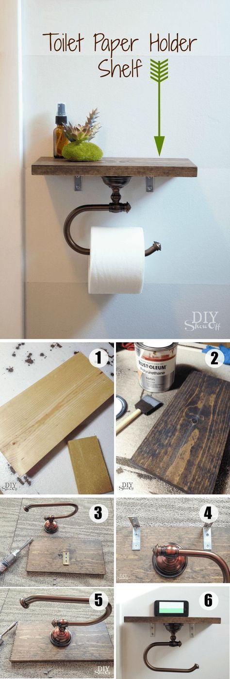 DIY Toilet Paper Holder with Shelf // Use this clever and functional toilet paper holder to keep small handy bathroom accessories