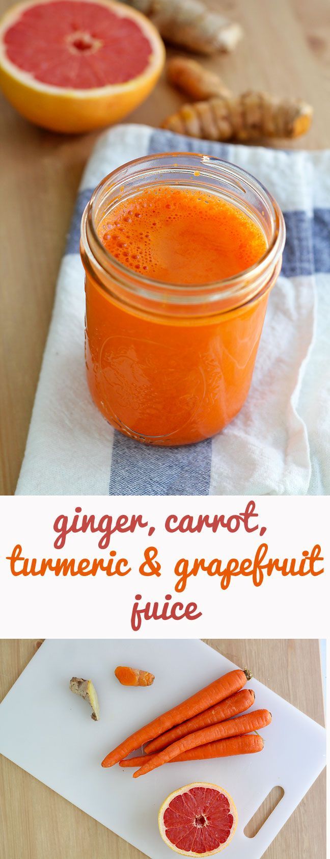 Ginger, Carrot, Turmeric and Grapefruit Juice Recipe – a great anti-inflammatory boost with Vitamin C and antioxidants.