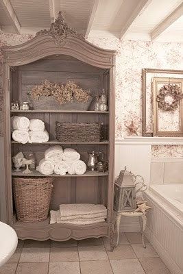 I like this Idea for the bathroom,  an open cupboard with beadboard for towels an decor