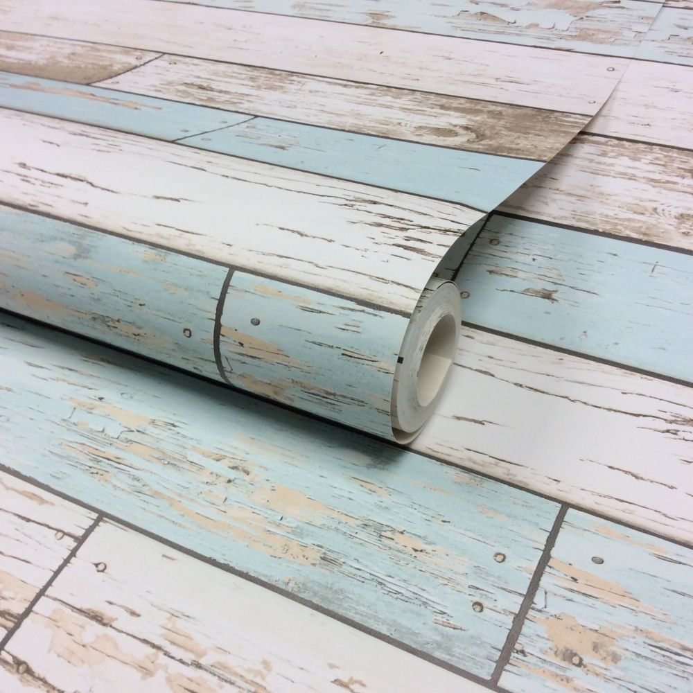 I Love Wallpaper™ Rustic Wooden Plank Wallpaper Natural / White / Teal (ILW980072)