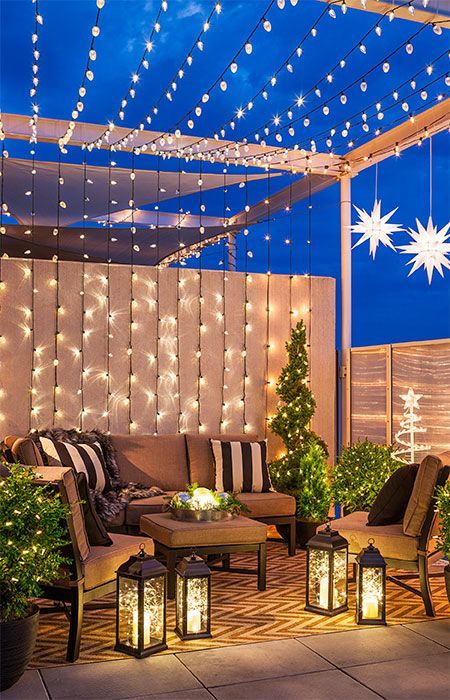 Let your light shine this Christmas season! Christmas string lights and lanterns light up a balcony, deck or patio for a magical