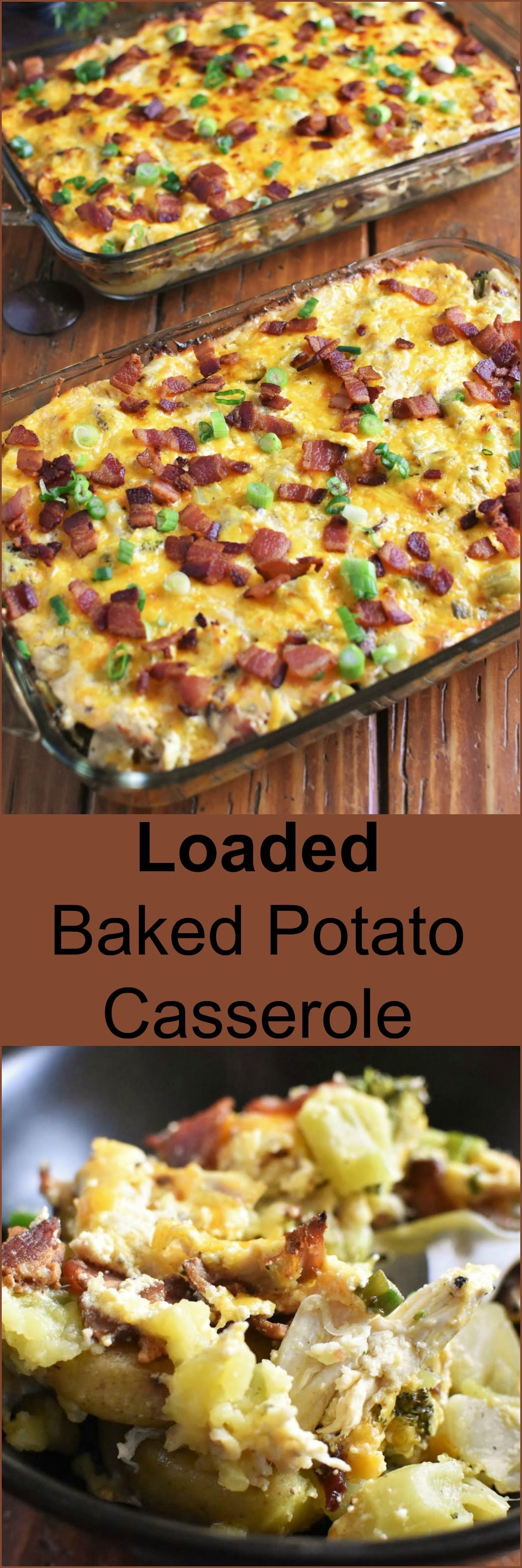 Loaded Baked Potato Casserole full of cheesy, gooey, bacon-y, chicken-y wholesome goodness can be on your table and feed a crowd
