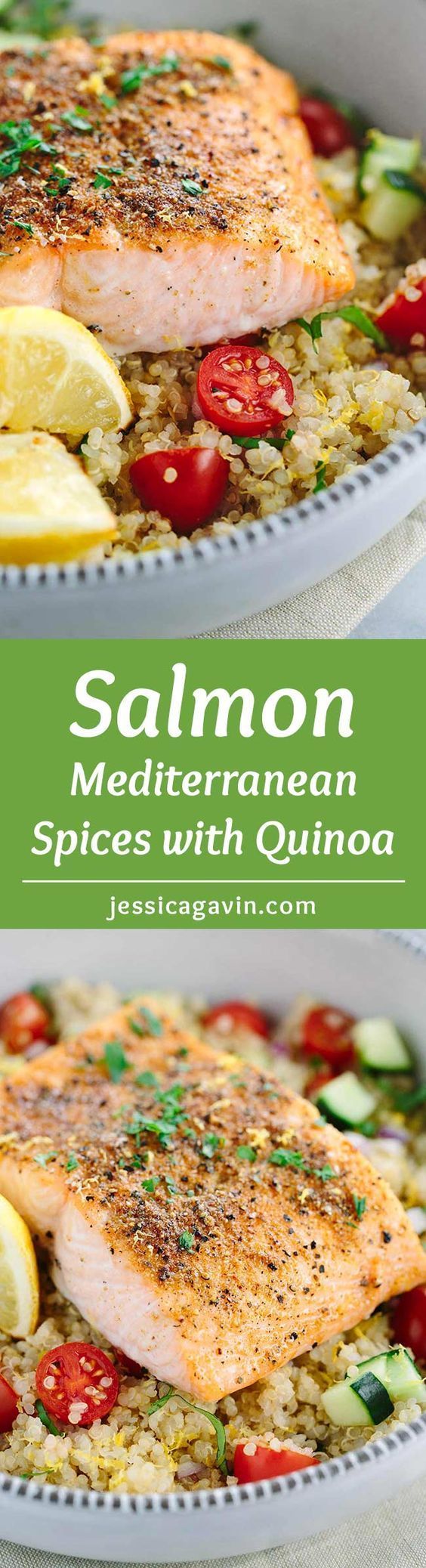 Mediterranean Spiced Salmon and Vegetable Quinoa – This healthy recipe is packed with protein packed! Earthy spices roasted lemons
