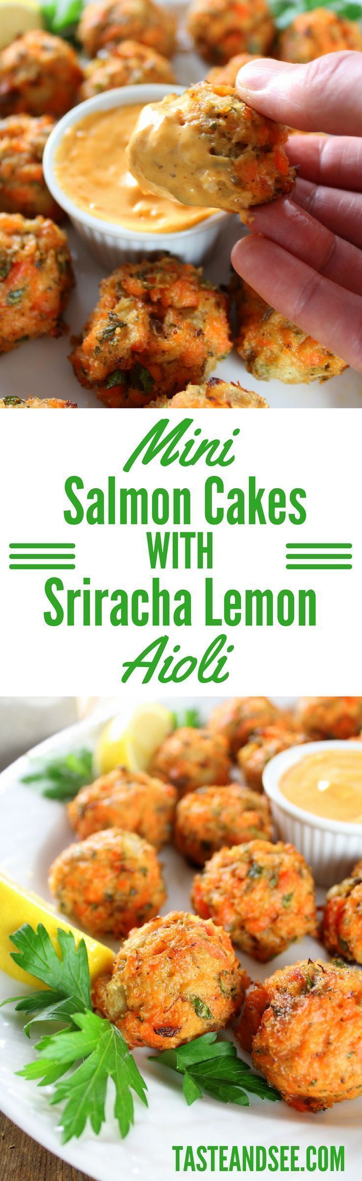 Mini Salmon Cakes with Sriracha Lemon Aioli – the perfect appetizer for holiday entertaining!  http://tasteandsee.com