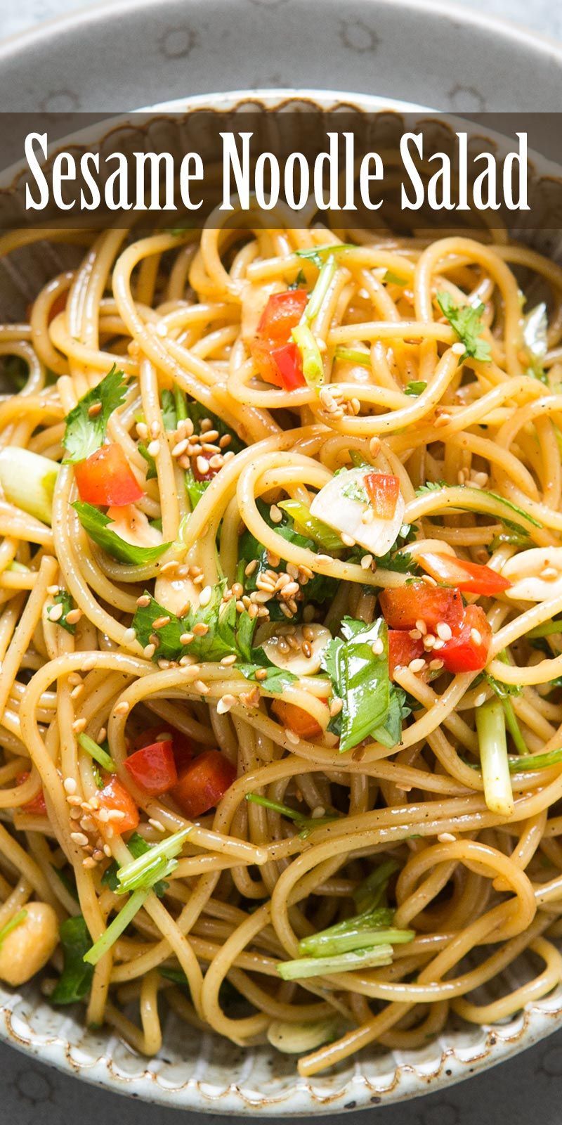 Quick and easy pasta salad for a hot day! Thin noodles infused with a sesame, honey, soy sauce dressing. So good you’ll want to