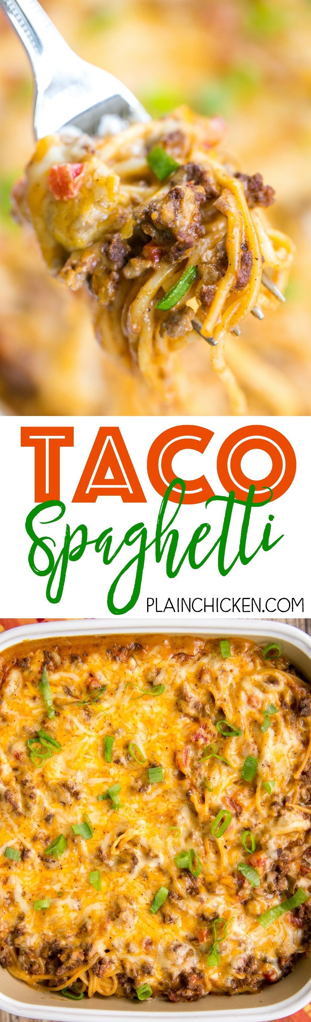 Taco Spaghetti – THE BEST! We ate this three days in a row! Ready in 30 minutes!! Taco meat, velveeta, diced tomatoes with green