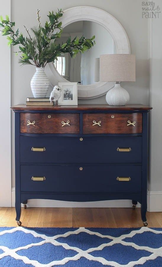 This dresser received a stunning makeover with GF Coastal Blue Milk Paint, Antique Walnut Gel Stain and High Performance Topcoat