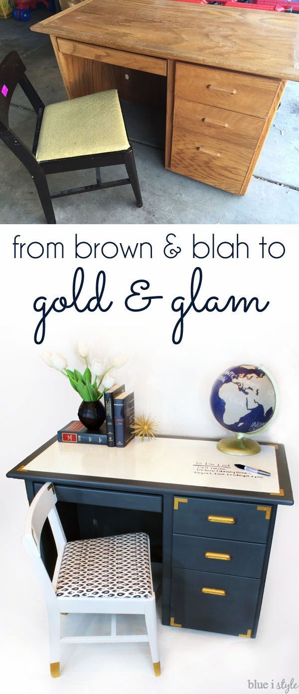 A dated desk and chair get glam makeovers, complete with campaign hardware, gold dipped legs, and a super functional dry erase