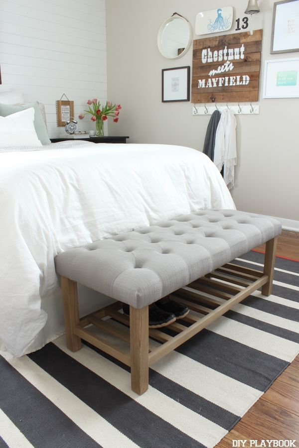 Add a tufted bench at the bottom of your bed to give your bedroom a more complete look. Bonus points...it's a great place to sit