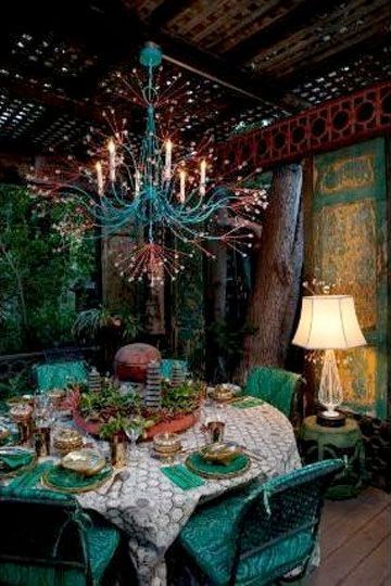 *♥* Boho Decor Bliss bright gypsy color & hippie bohemian mixed pattern home decorating ideas – chandelier from Tony Duquette.