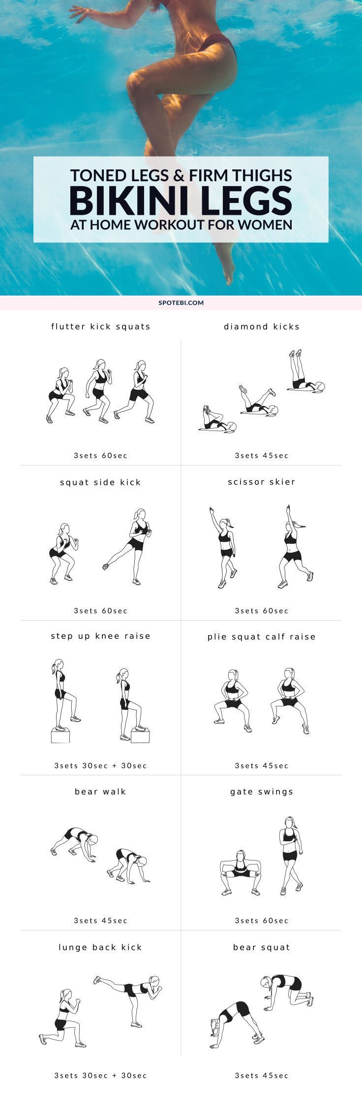 Build shapely legs and firm up your thighs with this bikini body leg workout for women! A set of 10 exercises to target your inner