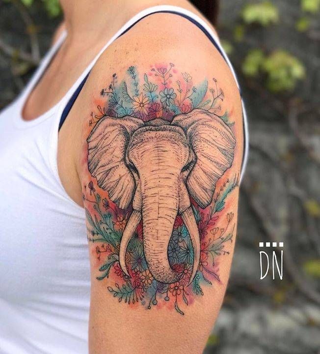 Elephant tattoo on the left upper arm. Tattoo Artist: Dino Nemec