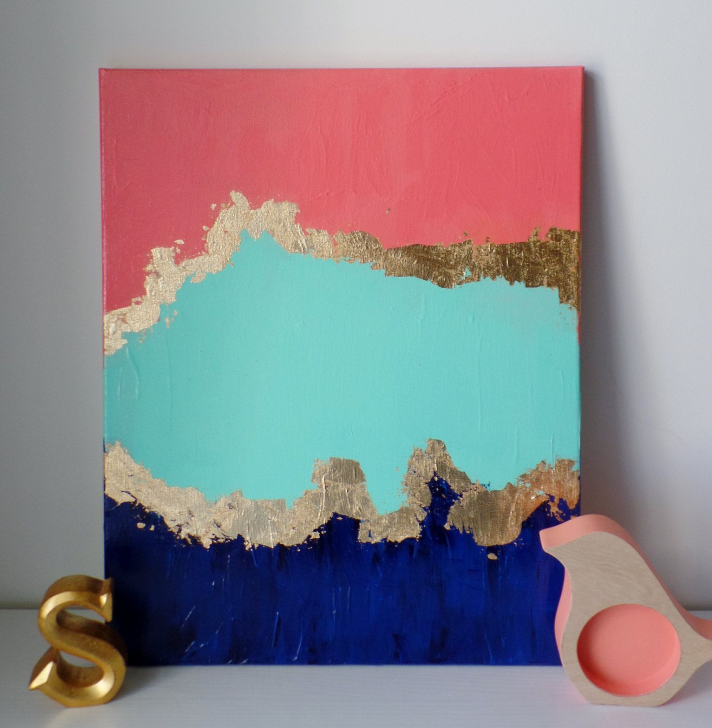 FREE SHIPPING Abstract Coral, Navy, Mint Professional Acrylic Paint & Canvas, Gold Leaf, Home Wall Decor, Trendy, Nursery, Unique,