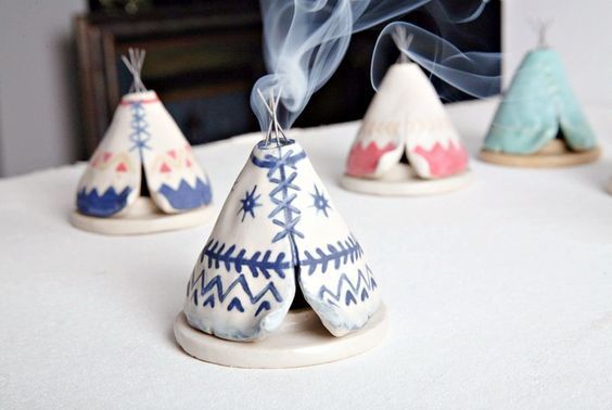 Incense Burner TeePee that smokes, Ceramic Navy Blue and White, Native American Aztec Design, Stoneware Clay Pottery, Unique