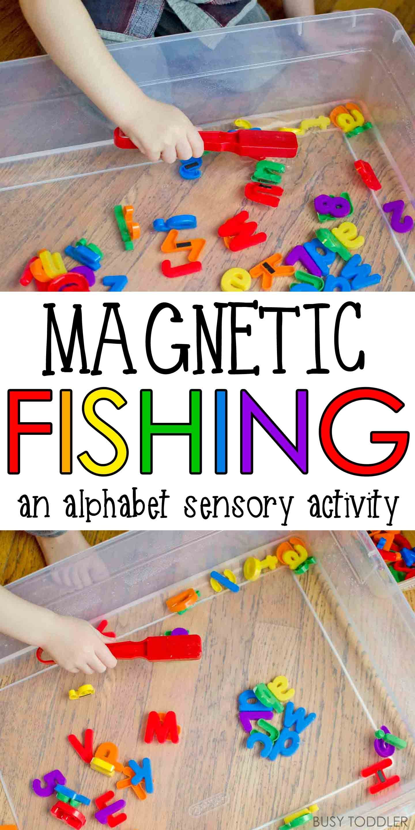 Magnetic Alphabet Fishing: a quick and easy toddler activity that’s perfect! Simple alphabet sensory activity.