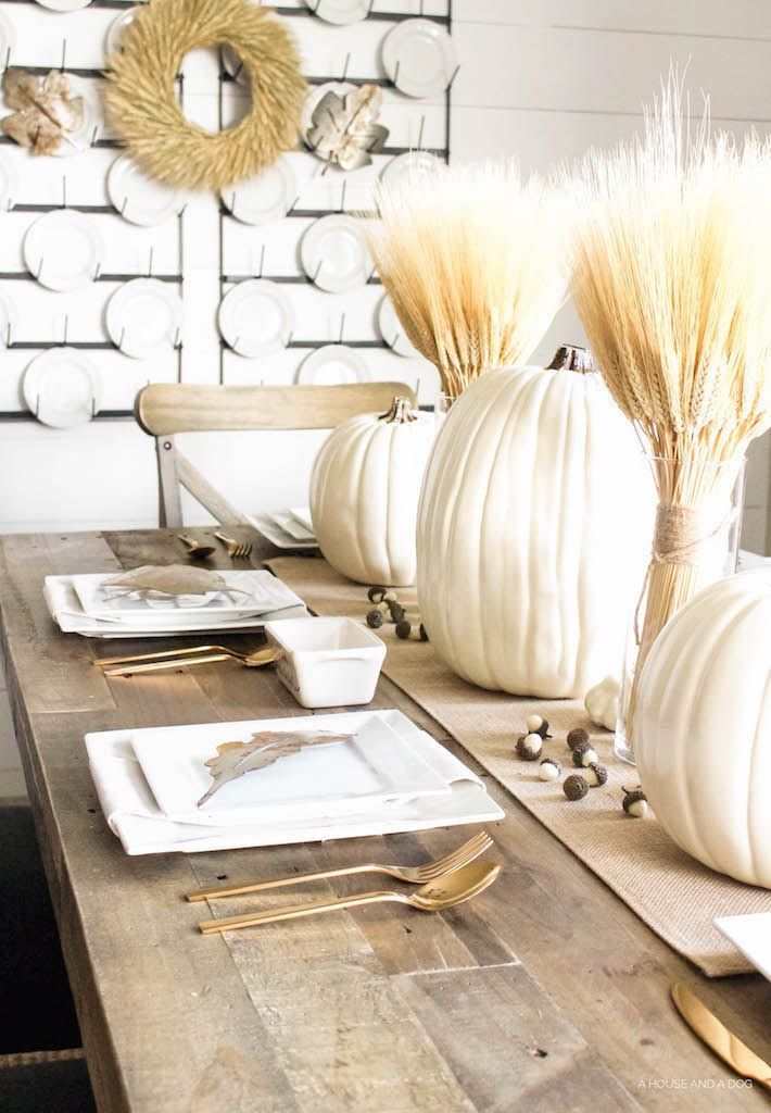 Neutral Gold & White Thanksgiving Table – White Pumpkins & Wheat | ahouseandadog.com