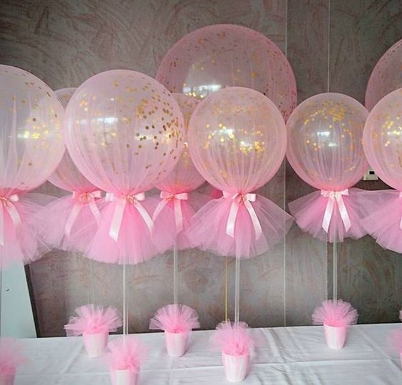 Pink and Gold Confetti Tulle Balloons via Pretty My Party