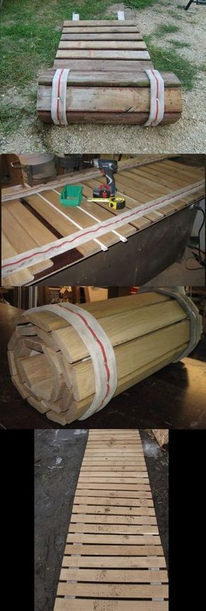 Portable roll-up sidewalk made from pallet wood and old fire hose. Great for rainy season or camping.