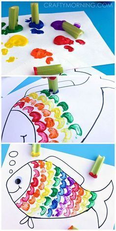 Rainbow Fish Craft Using Celery as a Stamp – Great craft for kids!