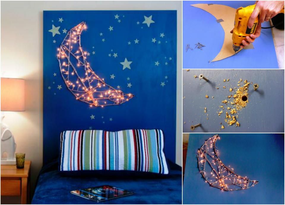 Cute Lighted Moon and Star Kid’s Headboard: -   Superb DIY Headboard Ideas