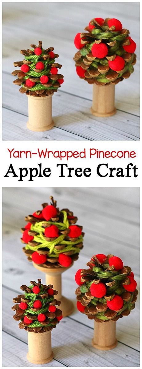 Yarn-Wrapped Pinecone Apple Tree Craft for Kid: Children create unique apple trees using yarn, pompoms, and pinecones! Great way