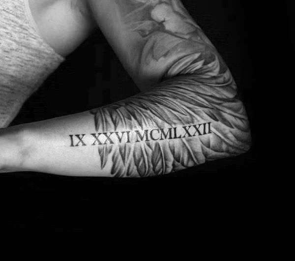 Angel Wing With Roman Numeral Mens Forearm Sleeve Tattoos